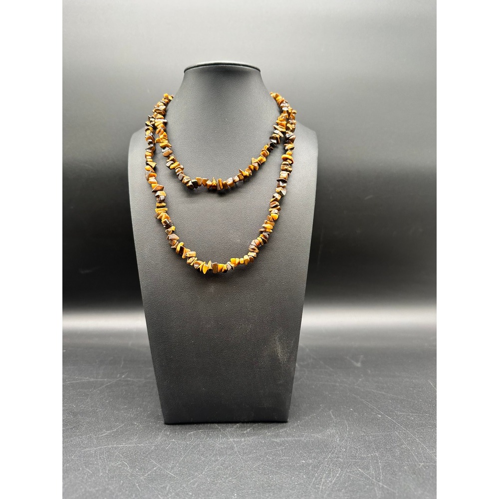 Vintage Tiger Eye Gemstone Chip Bead Necklace Long Strand Layering Jewelry